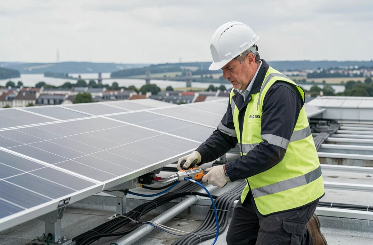 Technicien de Spv Pv 4 raccordant des câbles sous des panneaux solaires sur un toit commercial à Saint-Étienne