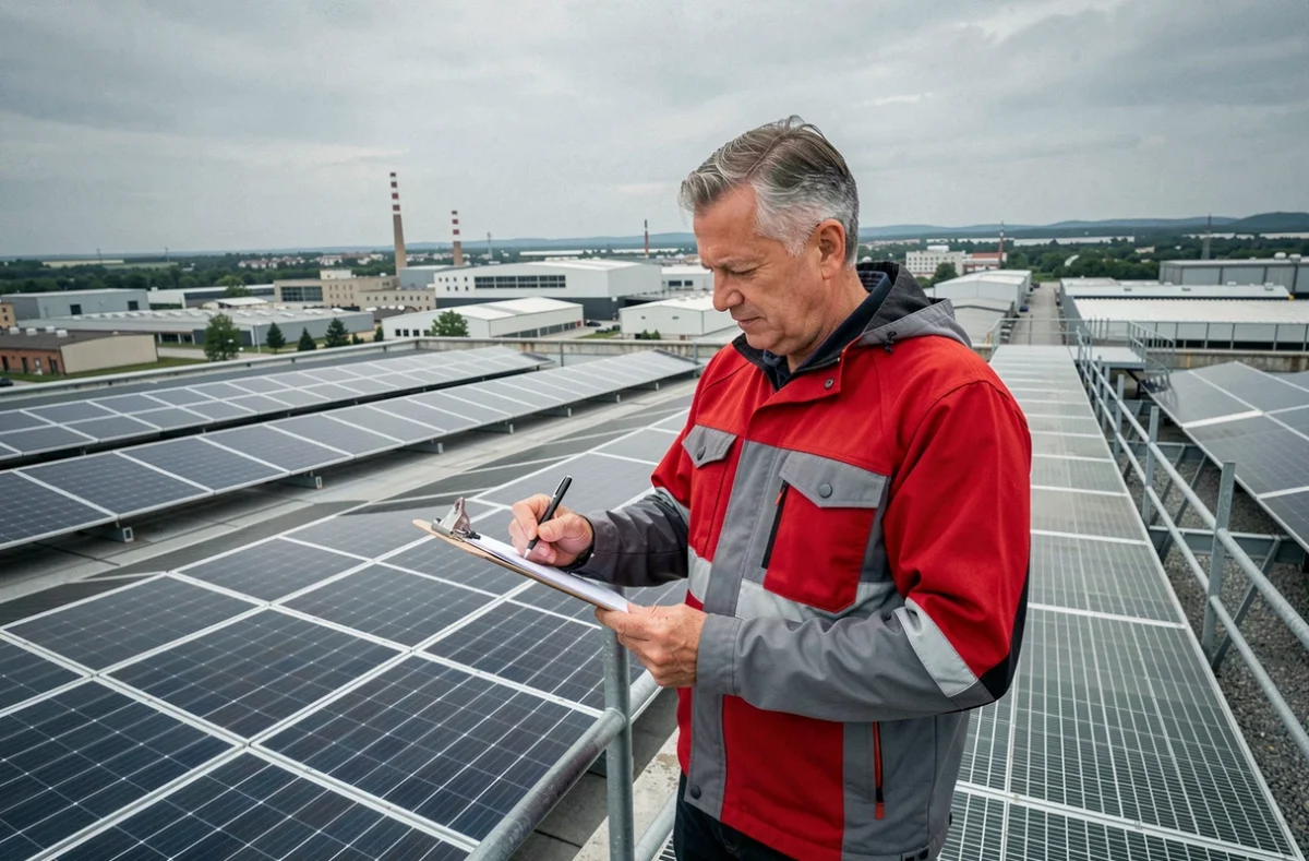 Spécialiste de Spv Pv 6 supervisant une installation photovoltaïque complète sur un toit industriel à Saint-Étienne