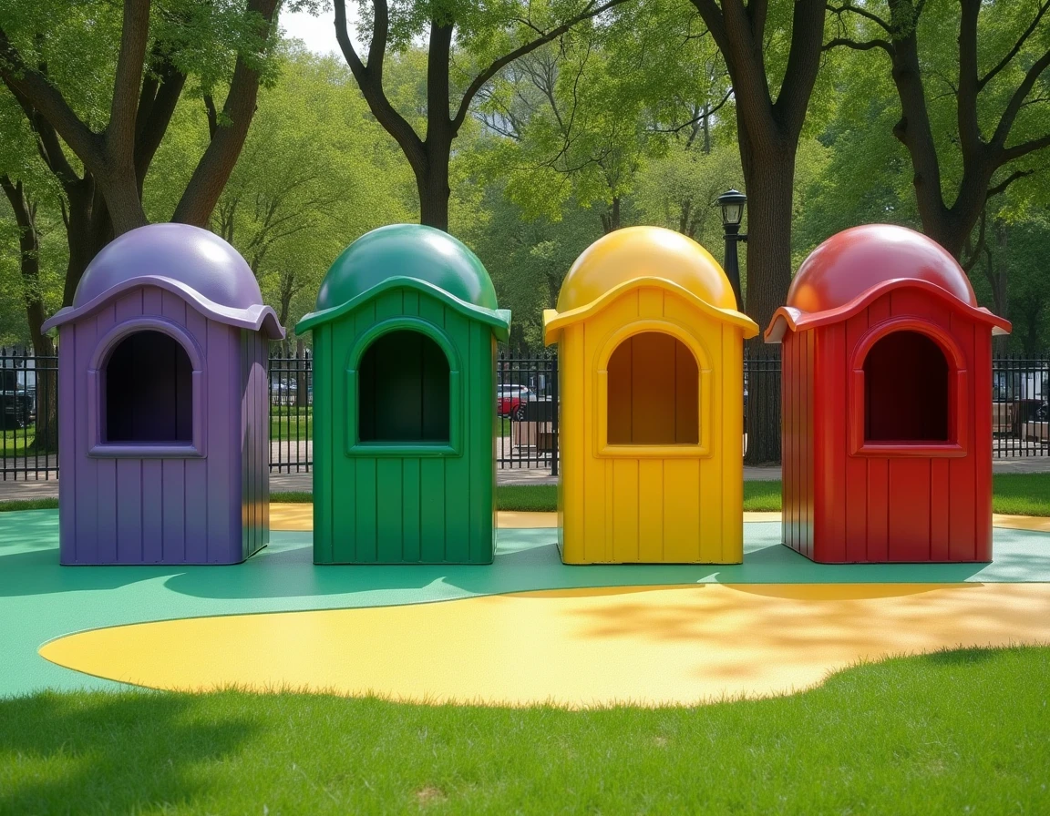 Structures de jeu inspirées des Télétubbies dans un parc public représentant les quatre personnages Tinky Winky Dipsy Laa-Laa et Po