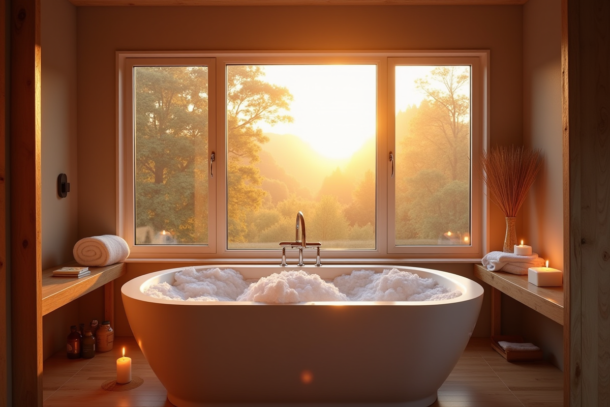 Spa intérieur cosy avec bain à bulles en Normandie en soirée