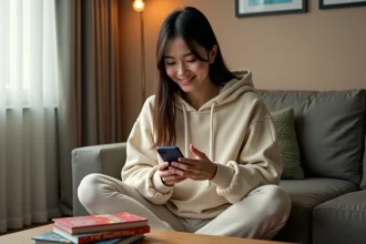 Jeune femme utilisant une application de suivi de manga sur smartphone, assise sur un canapé avec des volumes manga en arrière-plan