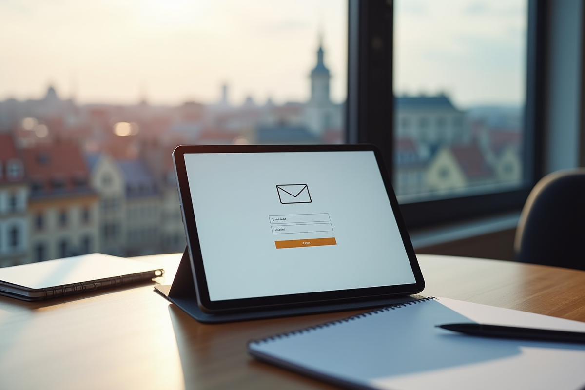 Tablette affichant une page de connexion webmail avec vue sur Nancy ou Metz