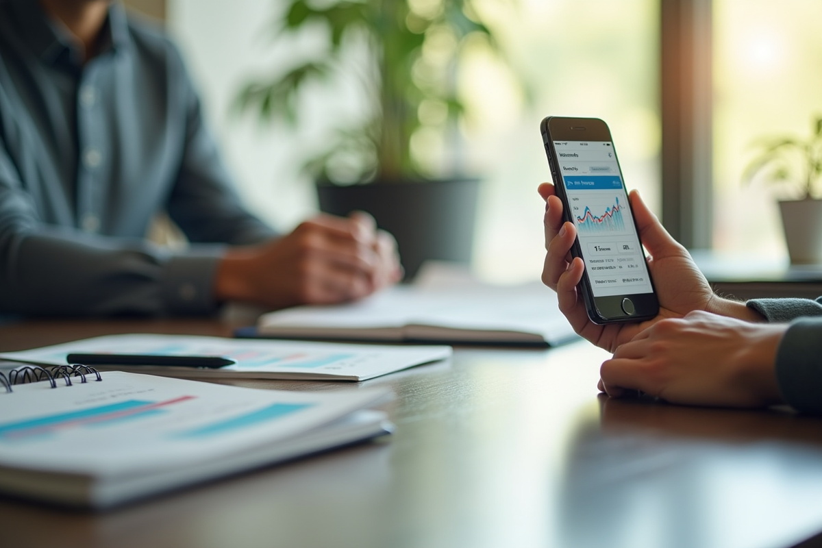 Main tenant un smartphone affichant les taux hypothécaires
