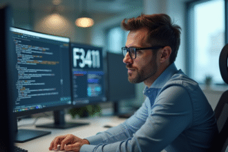 Technicien informatique confiant examinant un écran d'ordinateur avec erreur F3411