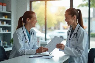 Technicien de laboratoire souriant remettant des résultats au patient