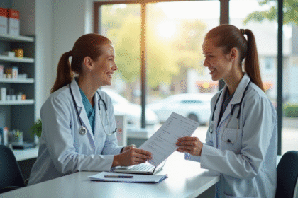Technicien de laboratoire souriant remettant des résultats au patient
