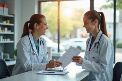 Technicien de laboratoire souriant remettant des résultats au patient