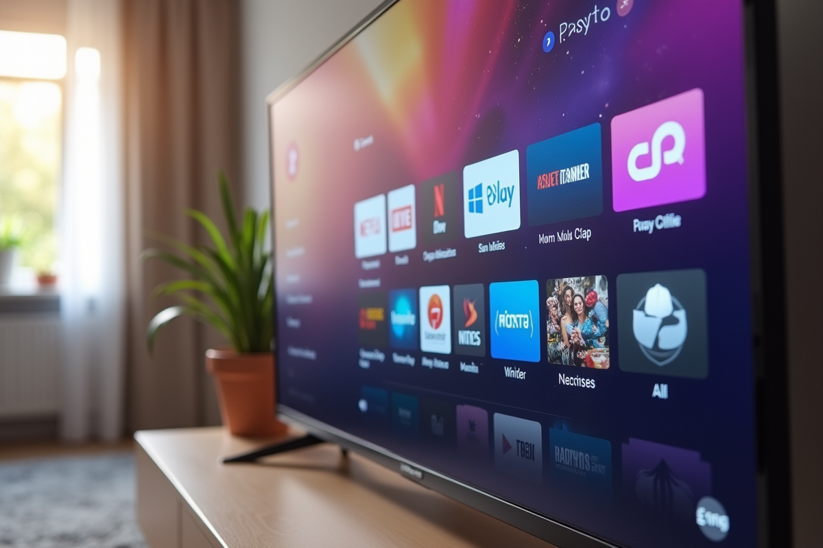 Téléviseur moderne affichant une interface de streaming en 1080p