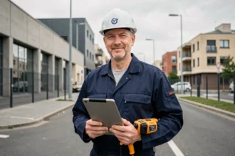 Électricien professionnel devant le paysage urbain de Saint-Étienne, représentant les meilleurs électriciens de la ville