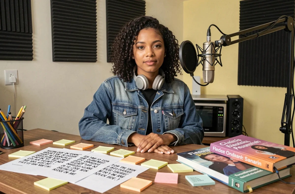 Femme analysant des traductions de rap français et américain dans un home studio avec dictionnaire