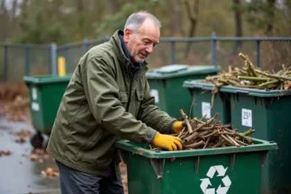 Homme triant des déchets verts à la déchetterie de Saint Laurent d'Agny, branches et végétaux dans un conteneur adapté