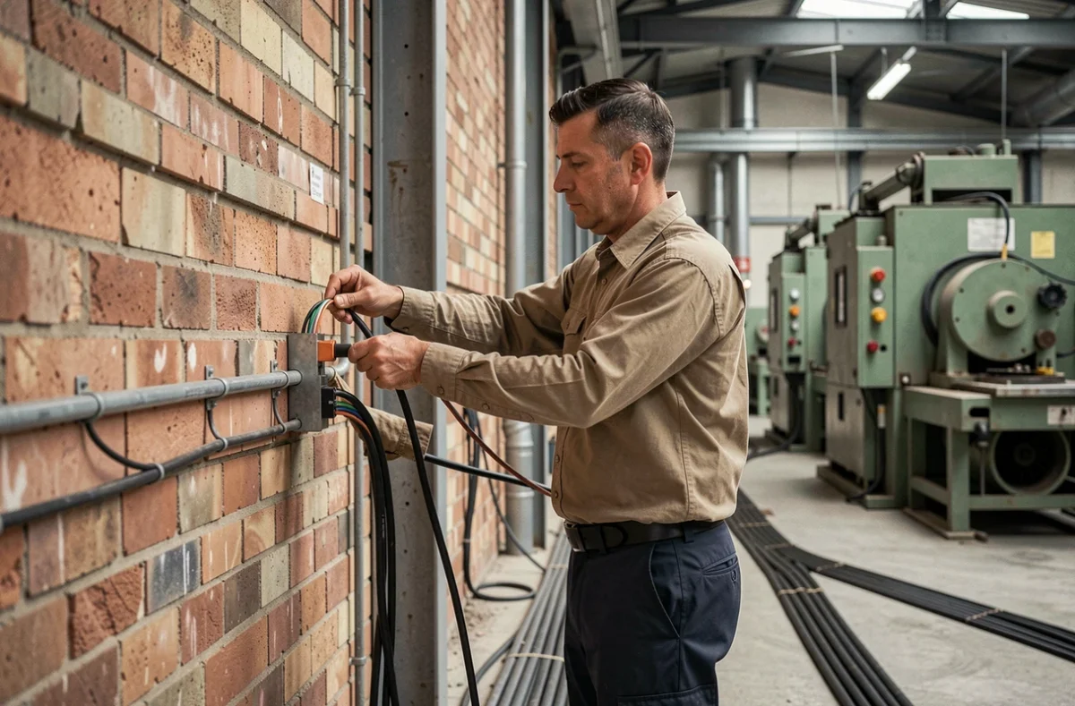 Électricien de Tri-M Elec posant des conduits électriques dans un bâtiment industriel de Saint-Étienne