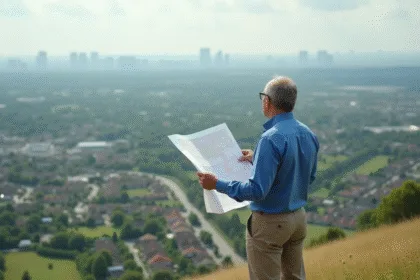 Urbaniste observant la ville en périphérie depuis une colline