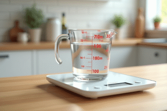 Verre mesureur rempli de 300 ml d'eau sur une balance numérique
