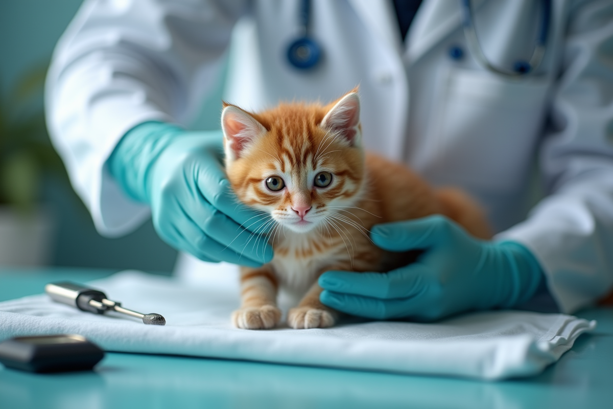 Vétérinaire examinant un chaton roux sur une table d
