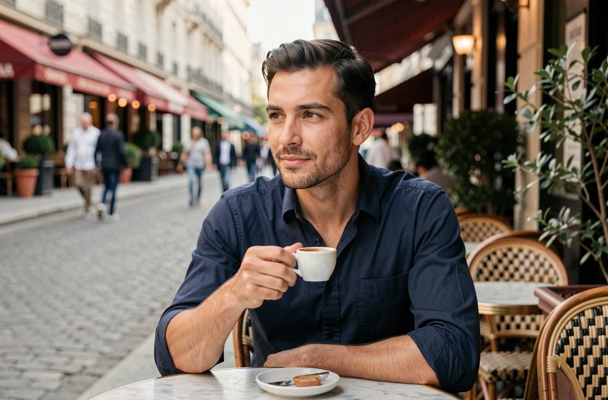 Homme assis en terrasse de café parisien, image illustrant le profil de Vlad Boudnikoff père de l'enfant d'Aya Nakamura