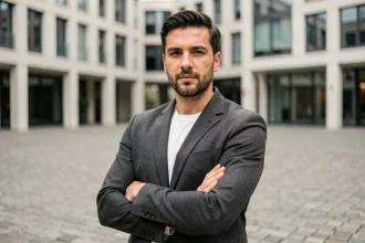 Portrait d'un homme d'une trentaine d'années en blazer gris dans un cadre urbain européen, illustrant l'article sur Vlad Boudnikoff