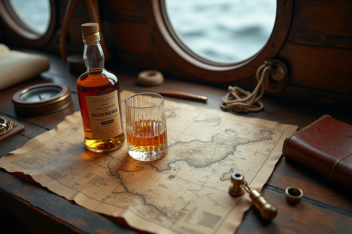 Still-life d'une bouteille de whisky single malt et d'un verre en cristal posés sur une carte de navigation maritime ancienne avec des instruments de bord, ambiance aventure nautique