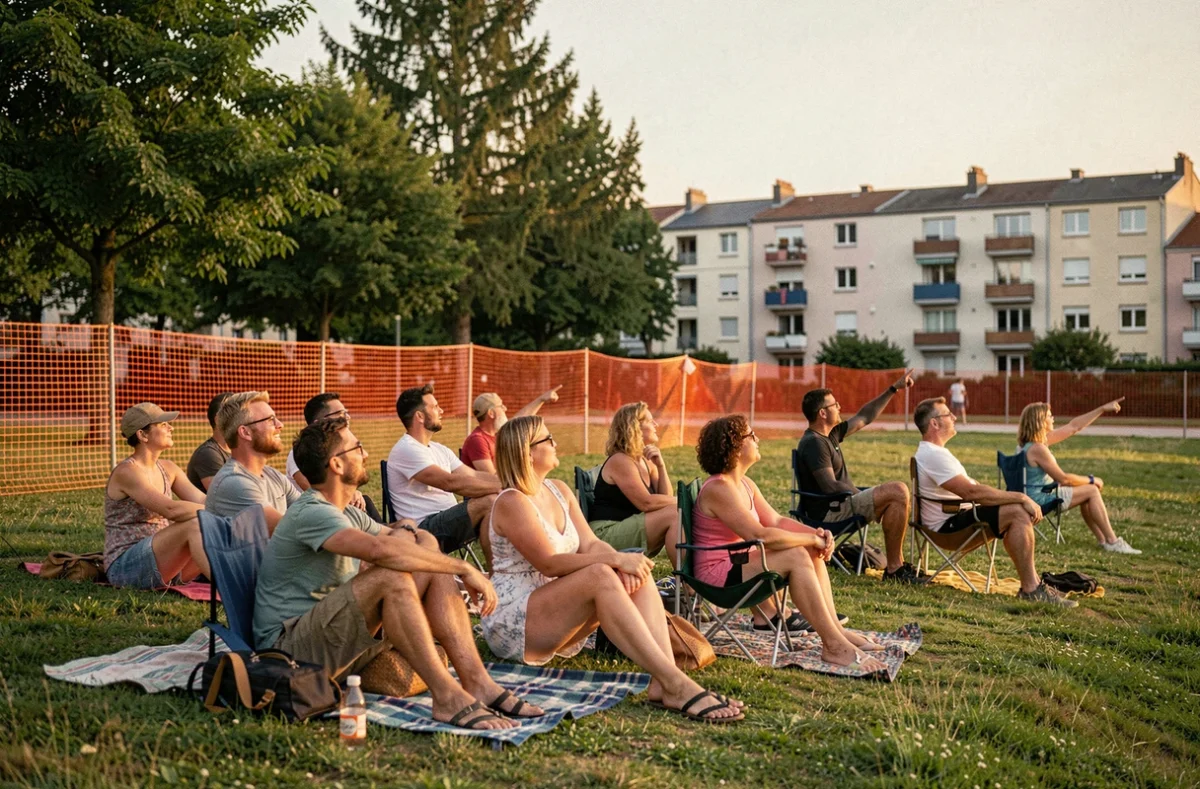 Spectateurs installés sur une colline herbeuse dans une zone de visionnage désignée pour le feu d'artifice à Villeneuve d'Ascq